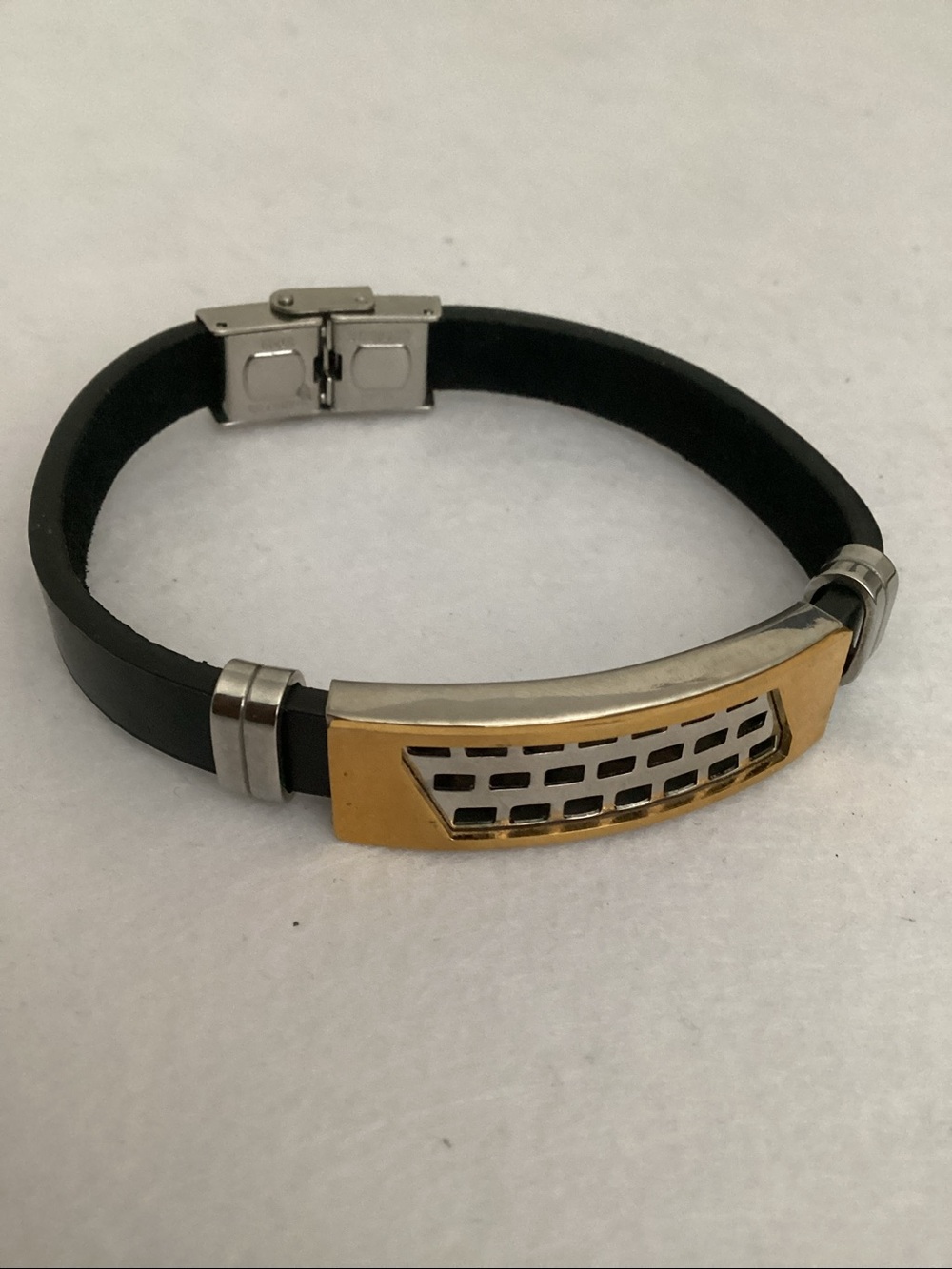 Men's Black Silicone Stainless Steel Bracelet with Gold & Silver Accent Plate